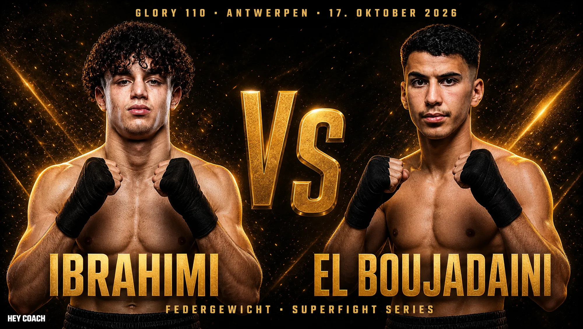 GLORY 110 Superfight Series, Federgewicht: Noah Ibrahimi gegen Amine El Boujadaini, KI-generiertes Fight-Poster