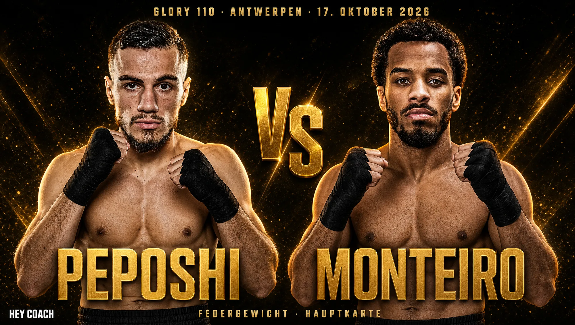 GLORY 110 Hauptkarte, Federgewicht: Berjan Peposhi gegen Jeremi Monteiro, KI-generiertes Fight-Poster