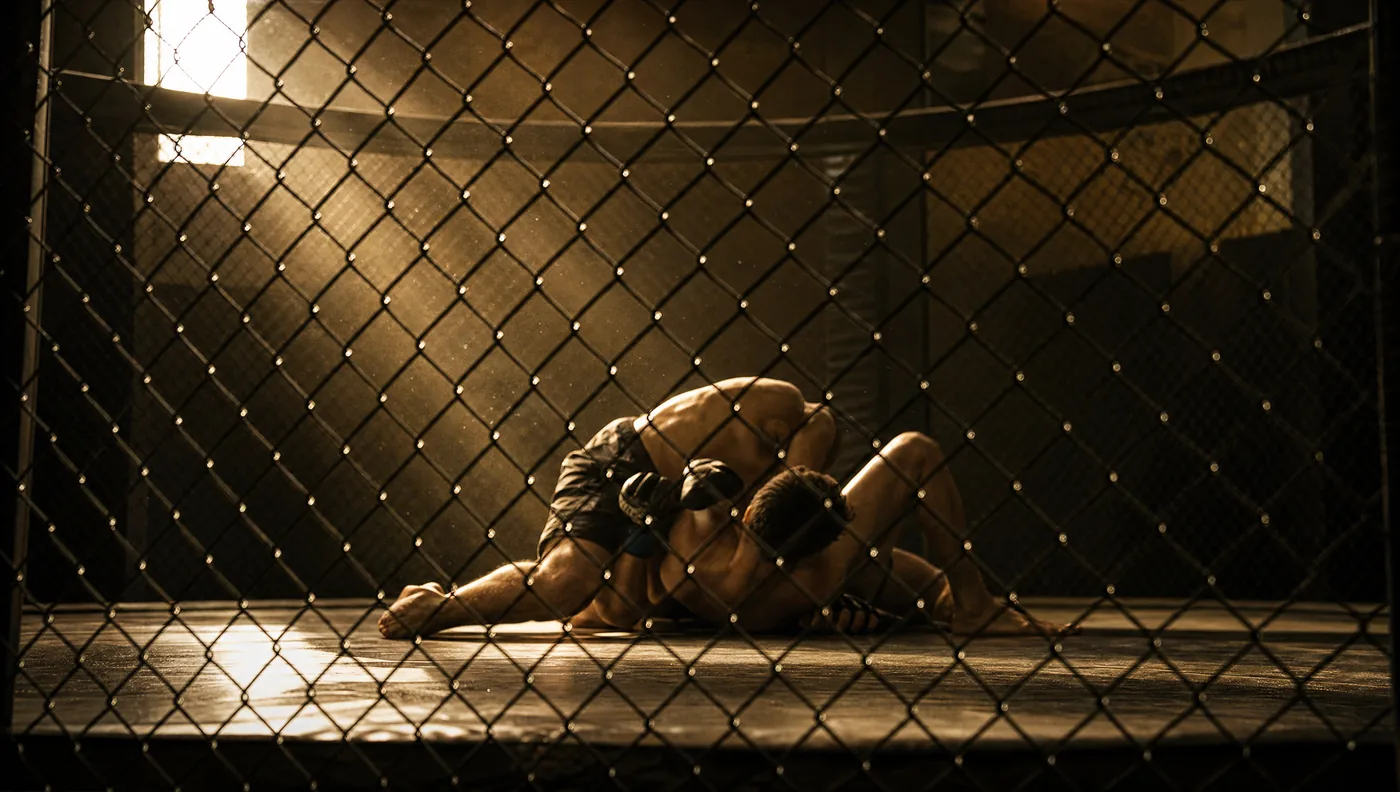 MMA-K&auml;fig mit Maschendraht in einer Halle, Blick von au&szlig;en durch das Gitter auf zwei Athleten am Boden