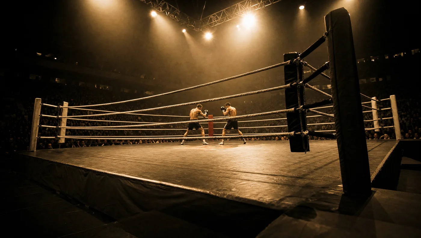 Klassischer Boxring mit Seilen in einer Arena, zwei Kickboxer in der Mitte