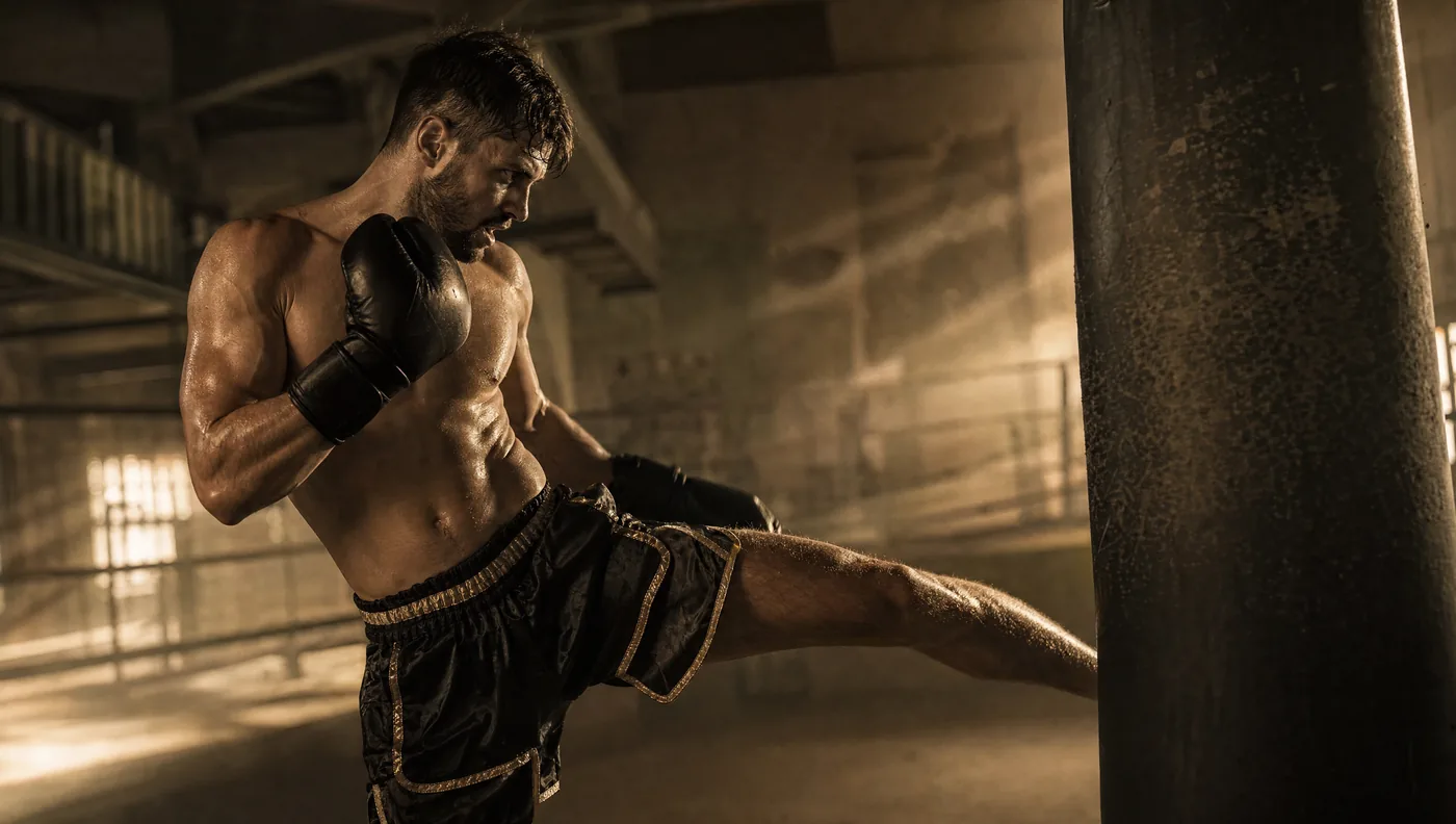 Kickboxer am schweren Sandsack bei hoher Intensit&auml;t, mitten im Low-Kick