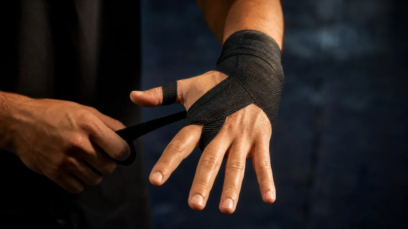Nahaufnahme von zwei Händen beim Wickeln einer schwarzen Boxbandage, das Band läuft zwischen den Fingern hindurch zum Handgelenk