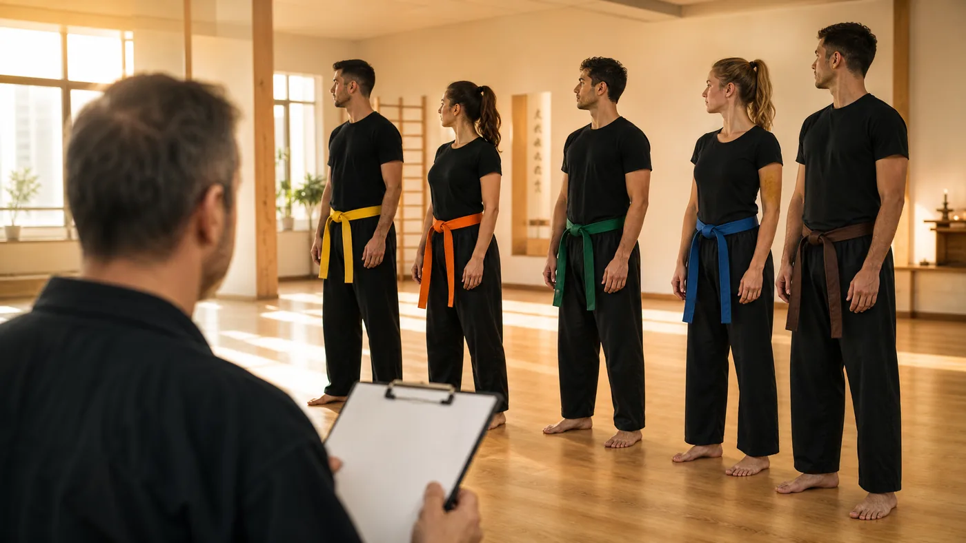 Gürtelprüfung im Kickboxen: Prüflinge mit farbigen Gürteln stehen nach Graduierung aufgereiht in einer hellen Sporthalle, vorne ein Prüfer mit Klemmbrett von hinten