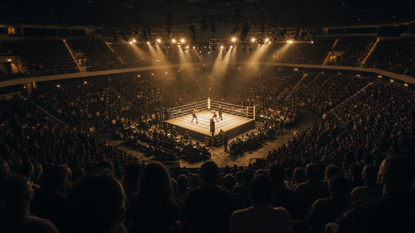 Symbolbild zu KOK Freiburg: Kickbox-Ring im Scheinwerferlicht einer Arena, das Publikum sitzt im Halbdunkel auf den Rängen