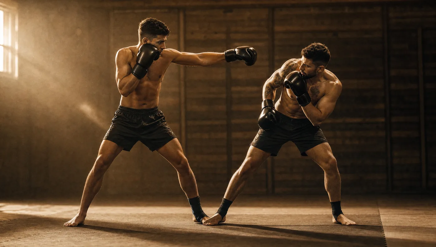 Zwei Kickboxer auf Schlagdistanz, beide in hoher Deckung, einer setzt eine gerade Führhand