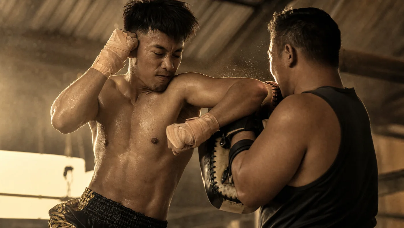 Muay-Thai-Athlet setzt auf kurzer Distanz einen horizontalen Ellbogen auf die Pratze