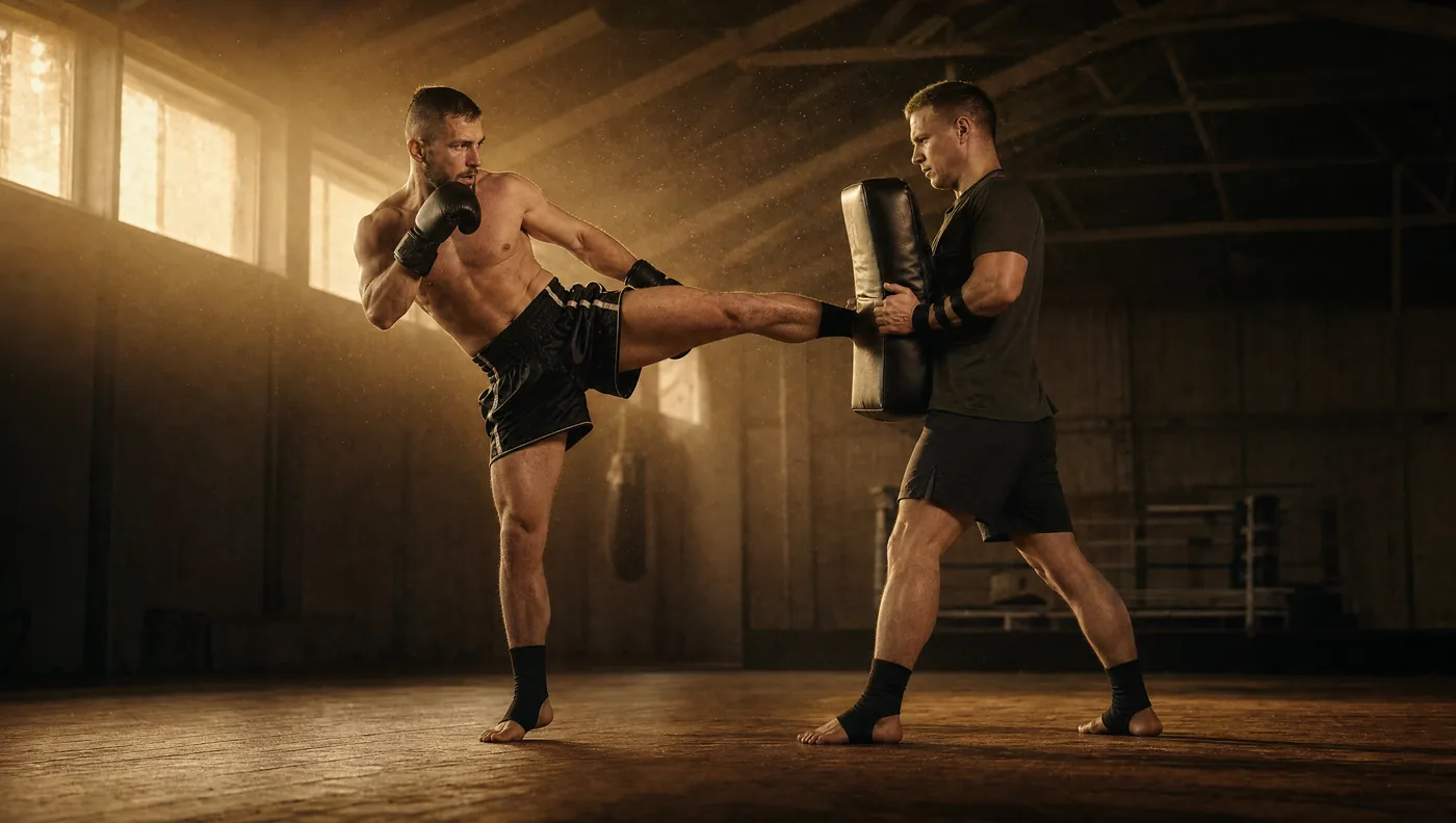 Kickboxer tritt auf l&auml;ngerer Distanz zur Pratze, beide Athleten aufrecht, Deckung oben