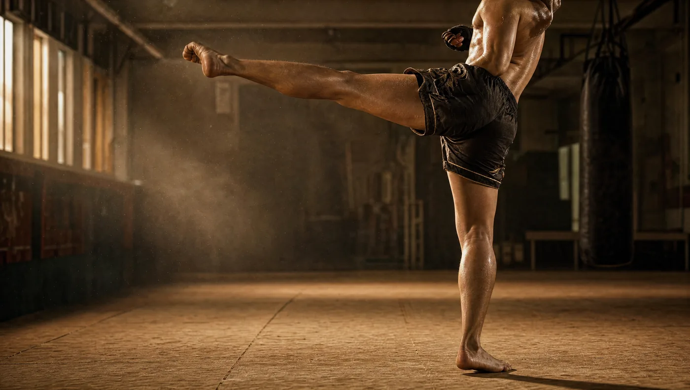 Roundhouse-Kick von der Seite: das Standbein ist nach au&szlig;en gedreht, die H&uuml;fte rotiert mit, das Trittbein l&auml;uft auf horizontaler Bahn