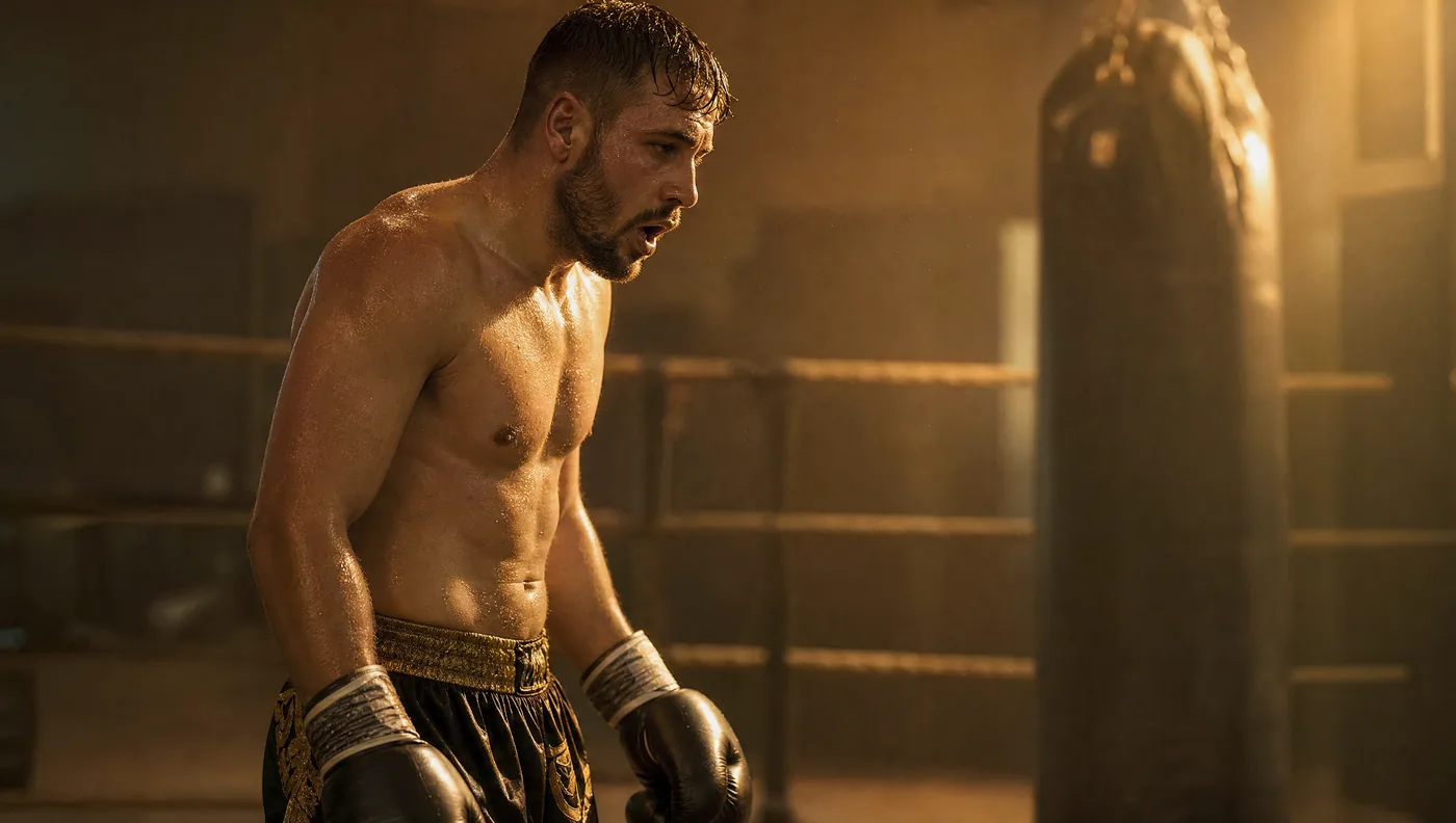 Ersch&ouml;pfter Kickboxer sp&auml;t in einer harten Trainingseinheit, die Deckung ist gesunken
