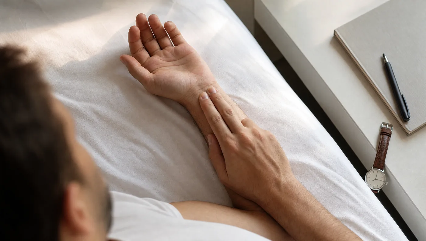 Ruhepuls direkt nach dem Aufwachen messen: zwei Finger an der Innenseite des Handgelenks, Uhr und Notizbuch daneben