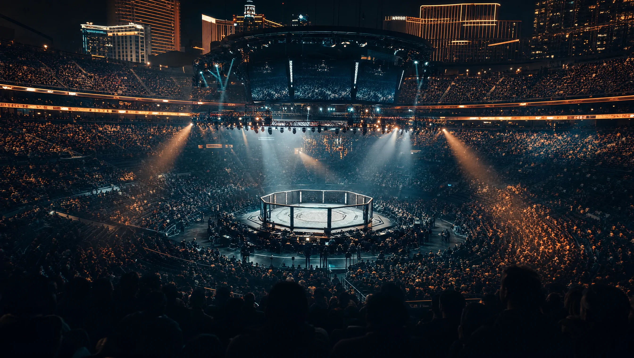 Oktagon in einer ausverkauften Arena in Las Vegas bei Nacht, Scheinwerfer und Nebel (stilisierte Darstellung)