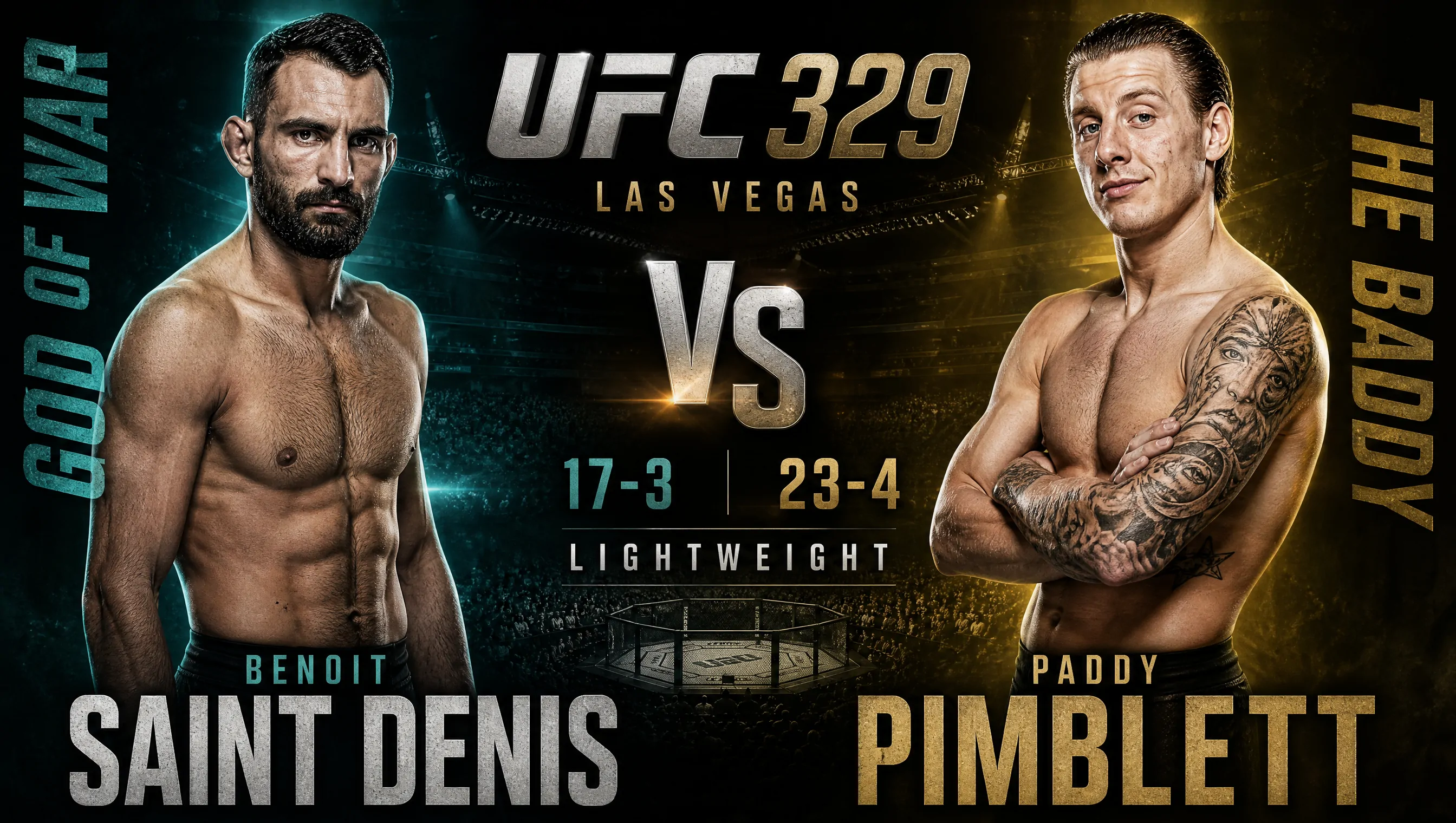 UFC-329-Fight-Card-Poster zum Co-Main im Leichtgewicht: Saint Denis gegen Pimblett, Tale of the Tape