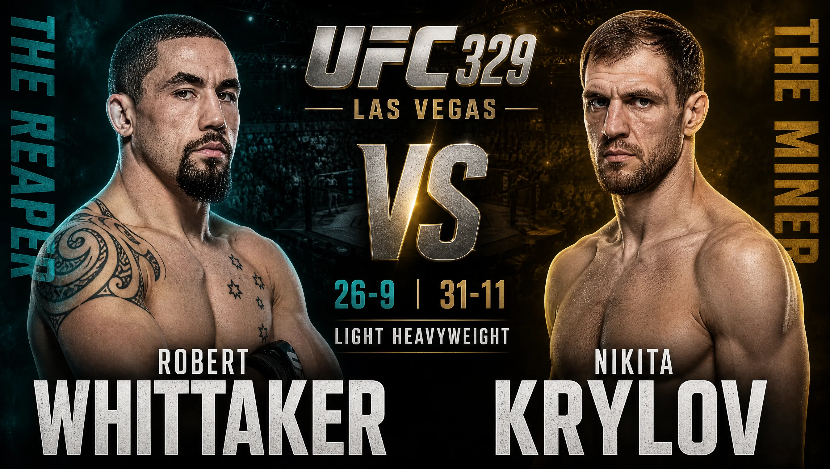 Matchup Robert Whittaker gegen Nikita Krylov im Halbschwergewicht (stilisierte Darstellung)