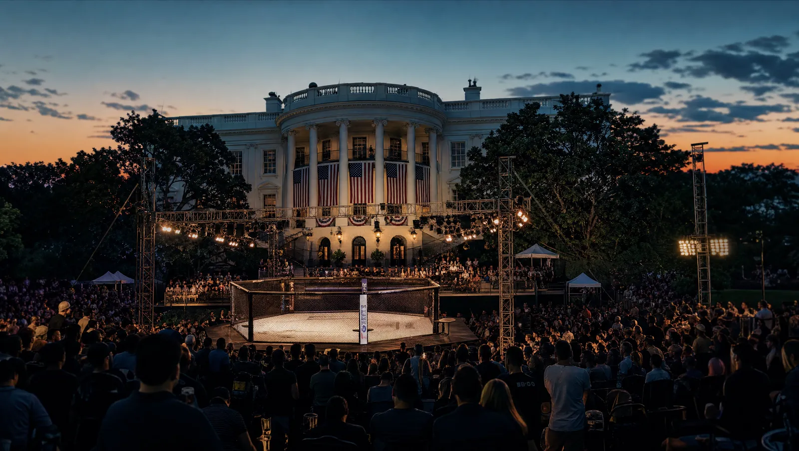 Octagon auf dem South Lawn vor dem Wei&szlig;en Haus bei Abendd&auml;mmerung, US-Flaggen und Flutlicht (stilisierte Darstellung)